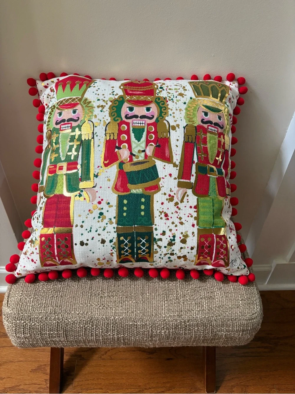 Rachel Brooks Design Gold Foil Nutcracker Decorative Pillow with Pom Pom Trim